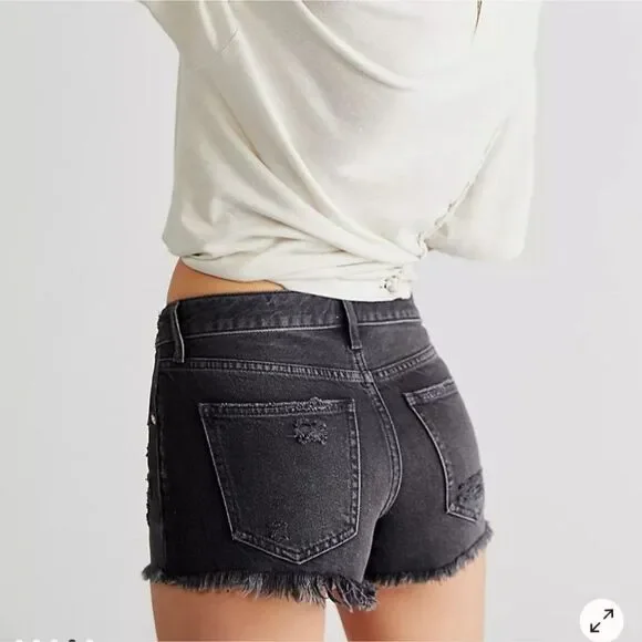 Free People Good Times Frayed Black Denin Jean Shorts - Picture 3 of 10